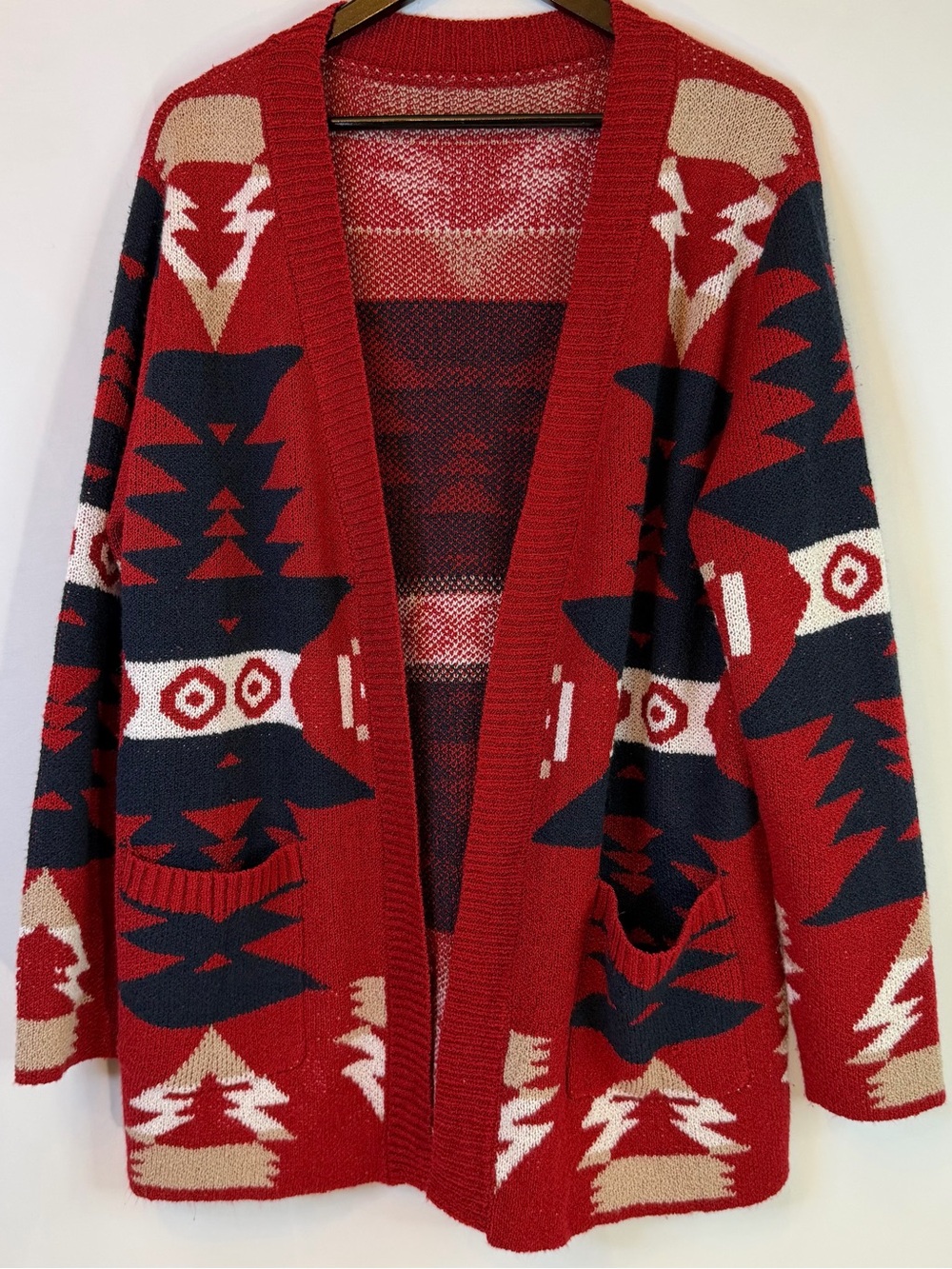 Unbranded Open Front Womens XL Cardigan Red, Navy, Cream SW Aztec Soft Cozy